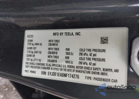 2022 Tesla Model 3 Rear-Wheel Drive из США, поврежденный, VIN 5YJ3E1EA0NF174276